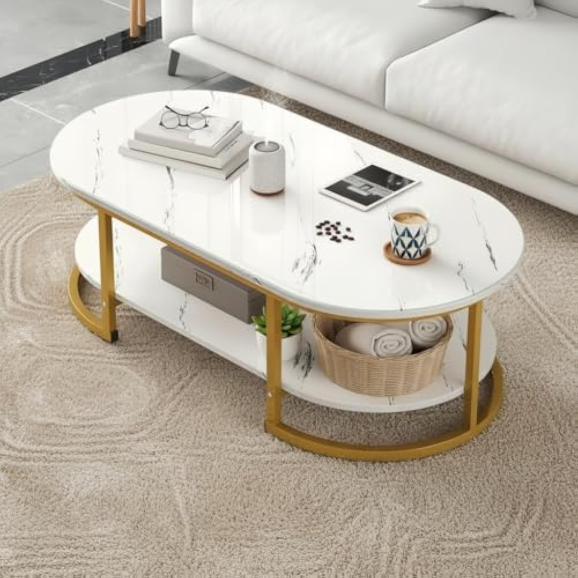 Modern 2-Tier Coffee Table with Engineered Wooden Top & Metal Frame