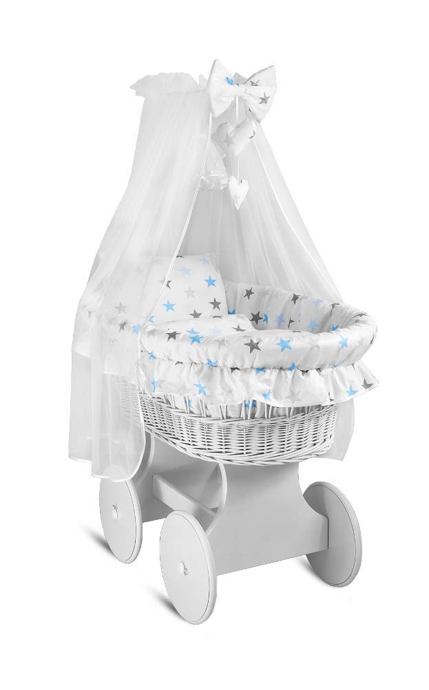 Wicker Wheel Stand Moses Basket Baby Bassinet Crib with Full Cotton Bedding Sets Liner Cover Mattress Canopy - White/Blue Grey Stars