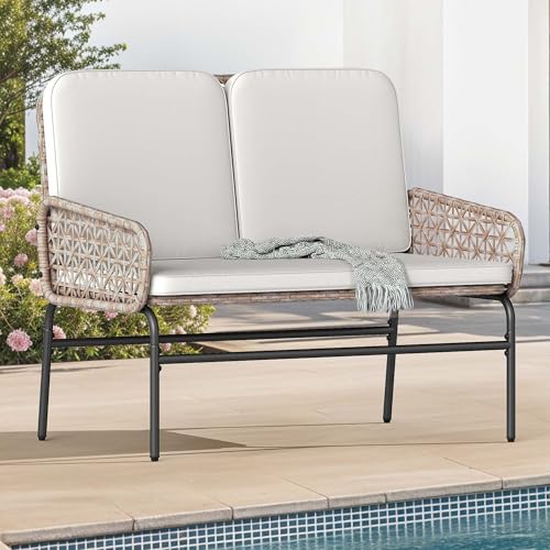 DWVO Outdoor Loveseat, All Weather Wicker Patio Sofa with Soft Cushions & High Back, Porch Furniture for Backyard, Balcony and Deck, Beige