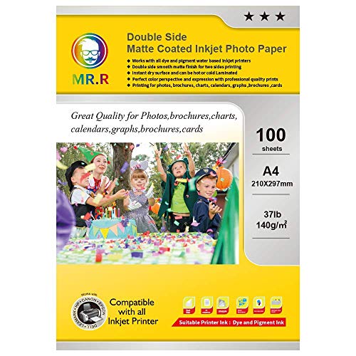 MR.R Double Side Matte Coated Inkjet Photo Paper 140gsm,A4 210 x 297mm 100 Sheets per Pack Suitable for Printing Photo,Greeting Card