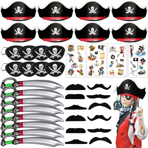 AUNGCSHE 40 peças disfarce pirata criança, chapéu pirata crianças, remendos piratas, acessórios disfarce pirata, chapéu pirata aniversário para 5 6 7 8 9 anos favores de festa de aniversário