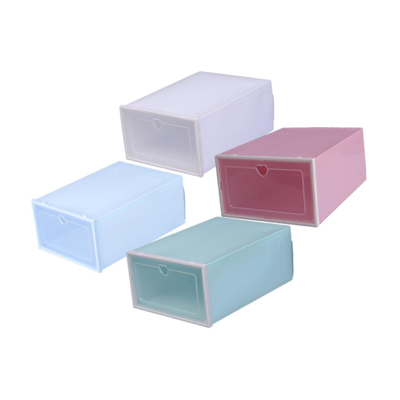STOBAZA Organizzatore per Scarpe Trasparente Grande in Plastica Addensata Coperchio Antipolvere, Scatola Portaoggetti Creativa Impilabile per Casa, Set da 4 Pezzi Design Finestra Cuore
