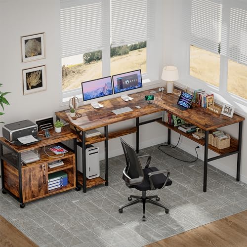 Unikito L Shaped Computer Desk with Magic Power Outlets and USB Charging Ports, Sturdy Reversible Corner Desk with Storage Shelves, Modern Work Desk for Home Office, Easy to Assemble, Rustic Brown