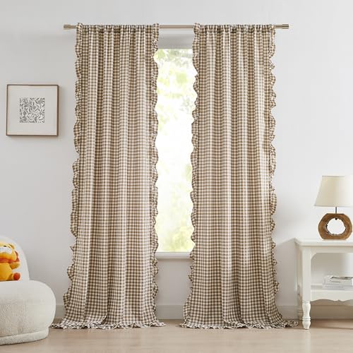 ZJDECOR Brown White Buffalo Plaid Curtains 84 Inches Long,Cottage Ruffle