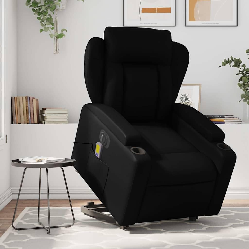 Sillón elevador eléctrico eléctrico negro de piel sintética con 6 puntos de vibración y función de reclinación automática, cómodo asiento y elevación eléctrica para adultos,