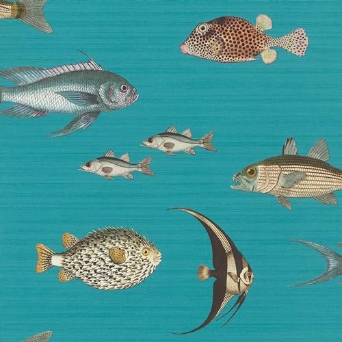 Rasch 553536 Non-Woven Wallpaper in Turquoise with Textile Topic and Colourful Fish 10.05 m x 0.53 m (L x W)