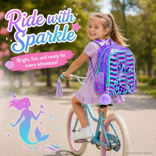 Image of 16 inch Mermaid Backpack for Girls, 3Pcs Sequin Fish Tail School Backpacks Set for Elementary Preschool Kindergarten, Kids Bookbag with Lunch Box (Purple)