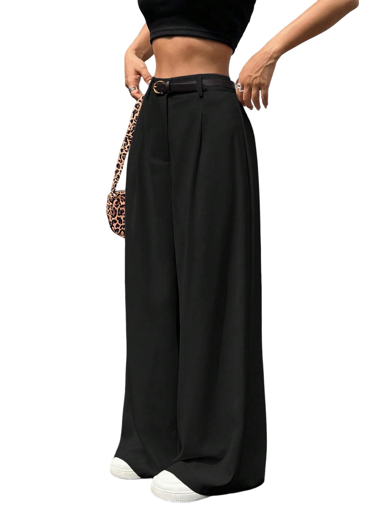 SweatyRocks Anzughose Damen Elegant Stoffhose Mit Gürtel Bundfaltenhose High Waist Freizeithose Wide Leg Hose Business Outfit Old Money Style