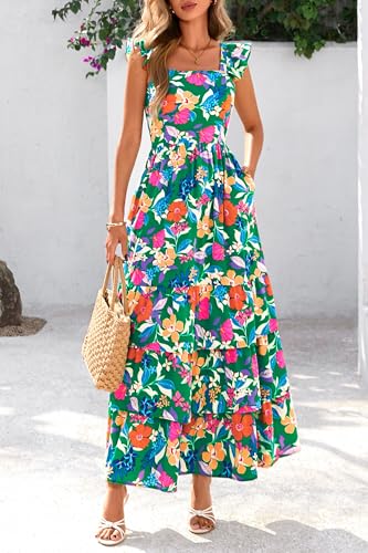 dowerme Summer Dresses for Women 2025 Casual Ruffle Smocked Tiered A-Line Boho Floral Maxi Beach Sun Dress with Pockets2
