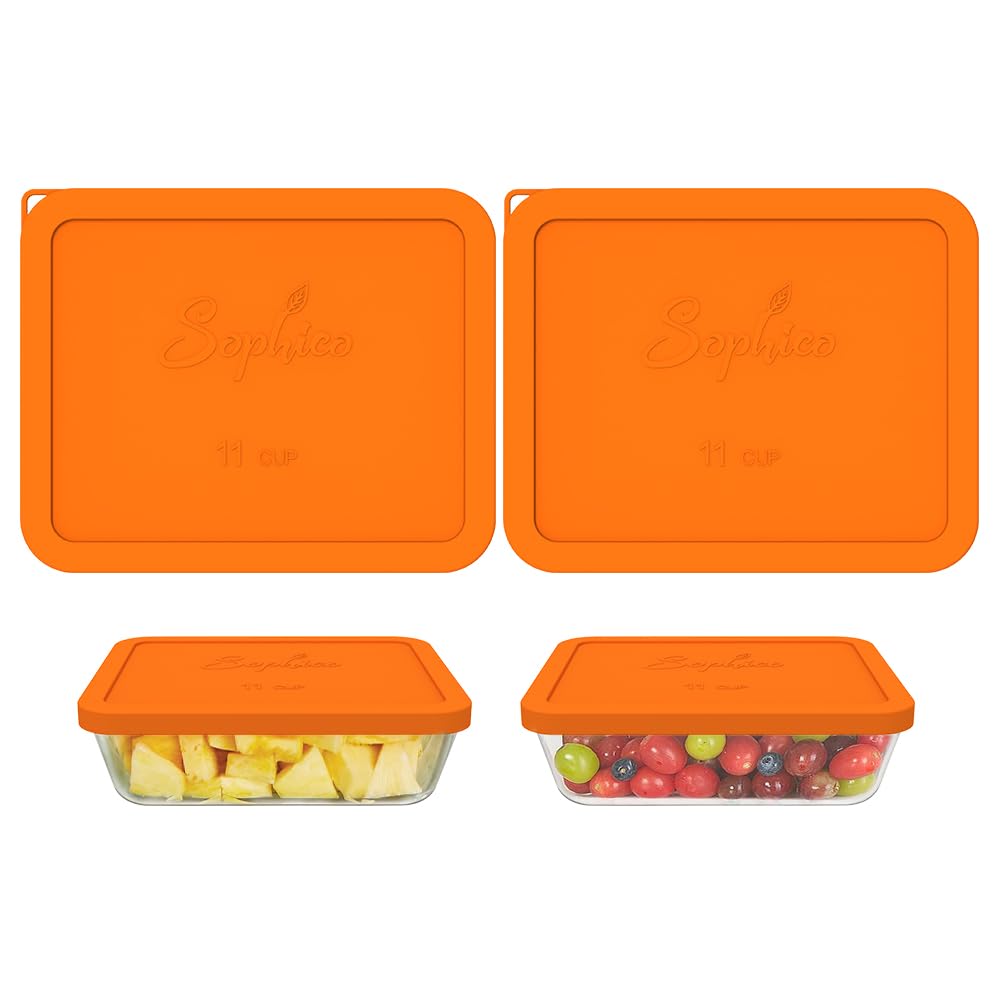 Sophico 11 Cup Rectangle Silicone Storage Cover Lids Replacement for Pyrex 7212-PC Glass Bowls, Container not Included (ORANGE-2PACK)