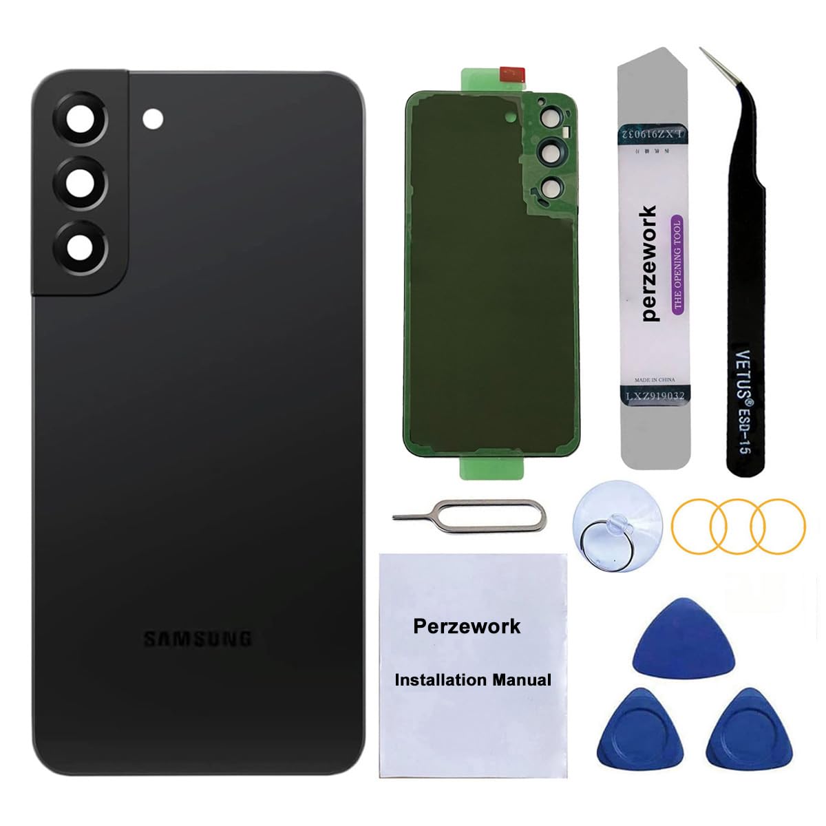 Rear Back Glass Replacement for Samsung Galaxy S22 6.1 inches 5G with Reparing Toolkit and Pre-Installed Adhesive (Phantom Black)
