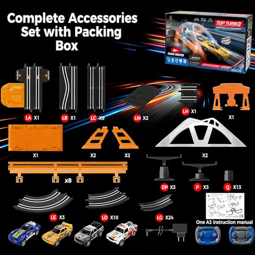 Image of Electric Slot Car Race Track Sets with 4 High-Speed Racing Slot Cars Dual Racing Game with 2 Controllers Circular Overpass Track Featuring Flash Bridge Pendulum Gifts Toys for Boys Kids Age 6 7 8-12