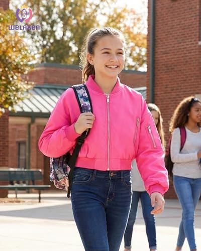 Image of WELAKEN Lightweight Multiple Pockets Zip Up Bomber Jacket for Girls Toddler & Kids II Little Girl's Casual Flight Crop Jacket