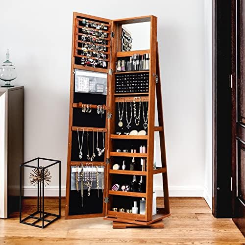 CASART Jewellery Cabinet, 3 in 1 Standing Jewelry Armoire with Full-Length Mirror and Storage Shelf, Lockable Jewellery Organiser for Earring Ring Necklace Cosmetics (360° Swivel Brown)