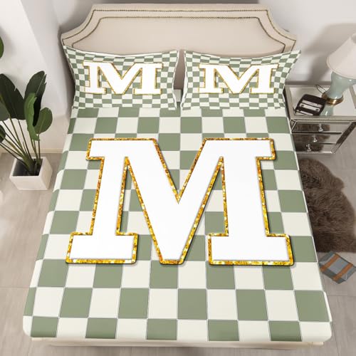 Image of Erosebridal Sage Green Checkered Bedding Set Twin Plaid Initial M Bed Sheets Personalized Monogram Sheet Set Kids Boys Girls,Fashion Grids Gingham Fitted Top Sheets 3 Piece