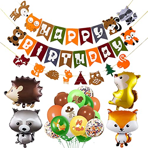 Woodland Party Decorations Kit Woodland Theme Happy Birthday Banner Animal Garland Foil Latex Balloons for Forest Animals Theme Party, Woodland Theme Baby Shower Birthday Party Supplies