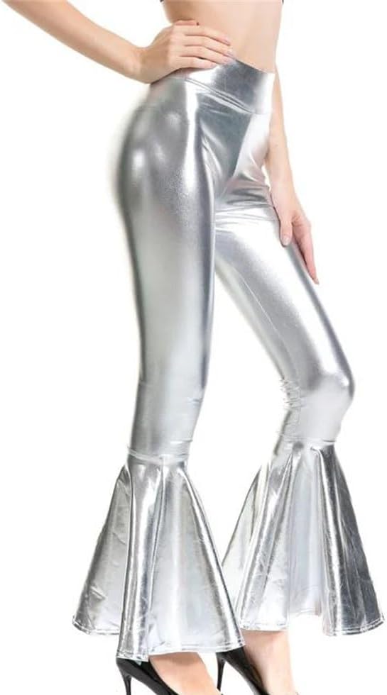 Women's Metallic PU Leather Flared Pants Bell Bottom Trousers Stage Dance Ballroom Disco Performance Wear