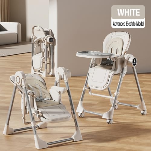 Image of Nine point nine Electric Bluetooth Smart PU Leather High Chair with Swinging Function, Baby High Chairs for Babies and Toddlers, Baby Feeding Chairs Seat, Removable Wheels, Double Tray (E8121 White)