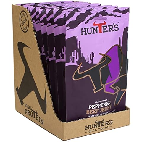 Hunters Peppered Beef Jerky, 28g Pack of 10 Lightly Smoked Beef Jerky, High Protein, MSG Free, Tender slices of Beef infused with freshly crushed peppercorns that warm the palate Cover