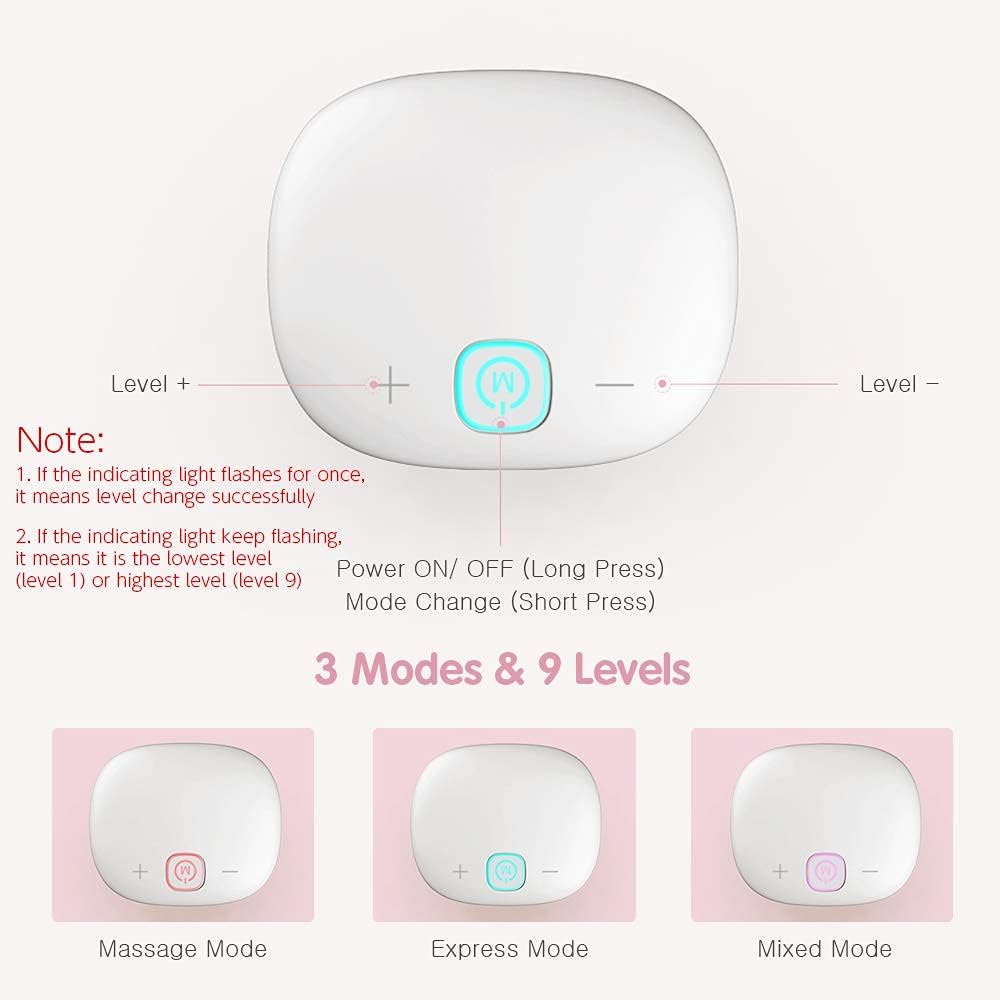 Image showing the control panel of the YOUHA breast pump with '+' and '-' buttons for level adjustment and a central 'M' button for power on/off and mode change. It illustrates Massage Mode, Express Mode, and Mixed Mode icons.