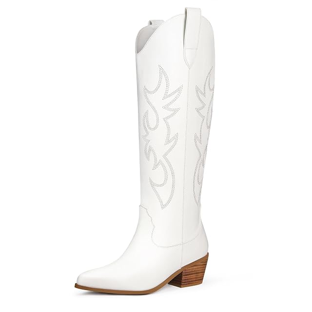 Ouepiano White Cowgirl Boots Women Cowboy Knee High Tall Boots Chunky Heel Pointed Toe Pull-On Western Wide Calf