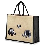 Yellowboots Large Jute Shopping Bag - Elephants in Love - 32cm high x 42cm Wide x 18cm Depth (Black)