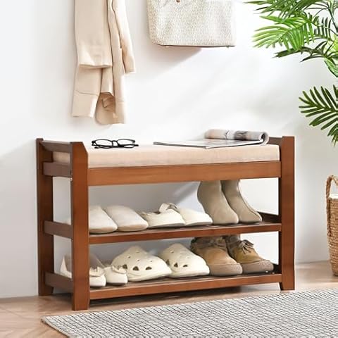 PETKABOO Shoe Rack for Font Door Entrance 27.6", Shoe Bench Shoe Storage Bench with Cushion, Entryway Bench Shoe Rack with Storage for Entryway, Hallway, Bedroom, Living Room Cover