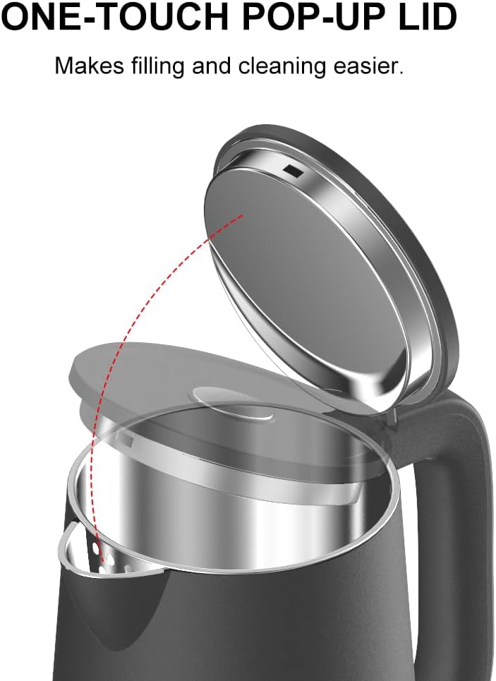 Electric Tea Kettle with Double Wall Cool Touch，1.7L Water Boiler Heater with Temperature Control，Stainless Steel Boiling Teapot, Digital Touch-Screen, Cordless, BPA-Free，Matte Silver Gray