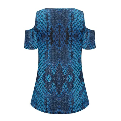 Allinterest Blue Snake Skin Print Cold Shoulder Tees for Women Plus Size Summer Short Sleeve V Neck Sexy Casual Basic T-Shirts — view 5