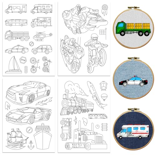 peacoblue Water Soluble Embroidery Patterns for Beginners 4 Sheets Cool Motorcycle & Others with 38pcs Patterns