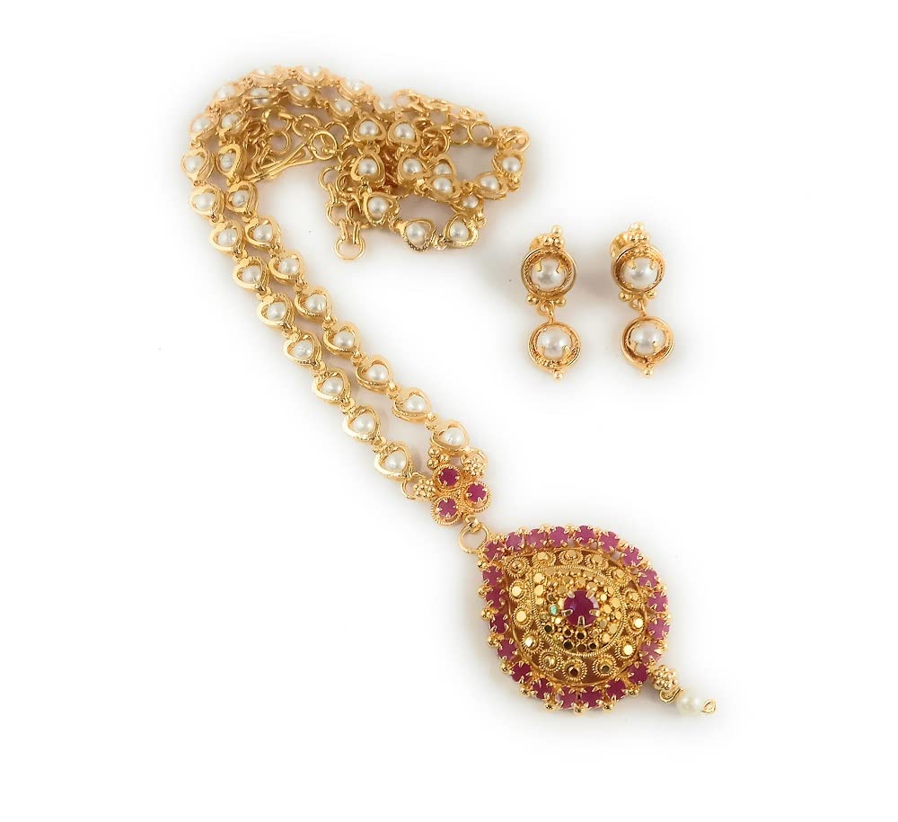 CUTE GOLD1 Gram Micro Gold Plated Traditional Trendy South Indian Fashion Jewellery Stylish Ruby Emrald Stone Necklace for Women & Girls