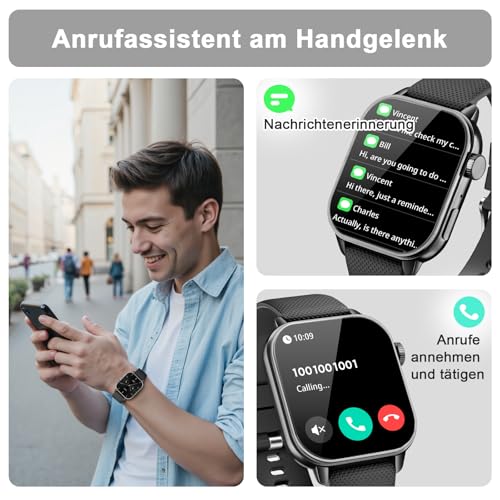 MFVLP Smartwatch Herren Damen, 1,85 HD AMOLED Touch Fitnessuhr mit Bluetooth-Anrufe,120+Sportmodi Fitness Tracker mit Puls-SpO2-Schlaf-monitor, IP68 Wasserdicht Sportuhr für Android iOS, Schwarz