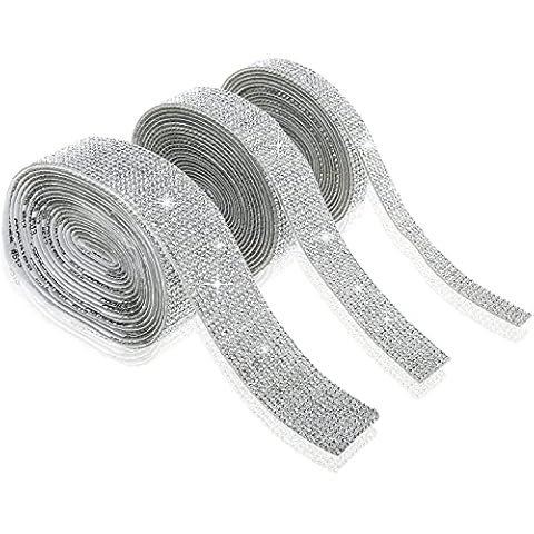 3 Rolls 3 Yards Crystal Rhinestone Ribbon, Self-Adhesive DIY Bling Diamond Ribbon Stickers with 2 mm Rhinestones for Party Arts Crafts Phone Car Decoration Silver (4/8/12 Rows) Cover