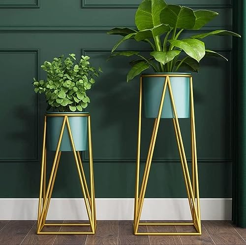 Image of Brass Industry Iron Metal Indoor Out Door Bedroom Home Office Planter Pot Tall Stand with Planter for Living Room, Balcony Flower Pot Stand Set of 2 (Greenish Blue)