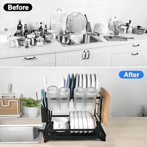 Foxmind Dish Drying Rack,Space-Saving 2-Tier Dish Drying Rack Kitchen With Drainboard,Rustproof Kitchen Desktop Organizer With Utensil Holder & Cup Holder For Kitchen Counter,11.4''W X 16.5''L,Black thumb #2