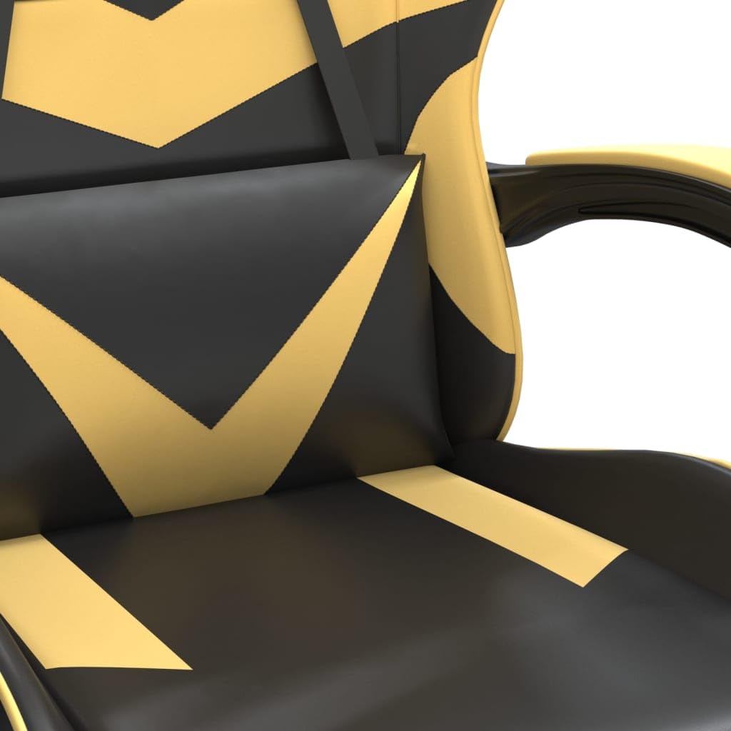 Drehbarer Gaming-Stuhl mit Fußstütze und Kissen aus Kunstleder in Schwarz & Golden, verstellbare Rückenlehne und Höhe, 360° drehbar, Robustes Metallgestell, max. 110 kg