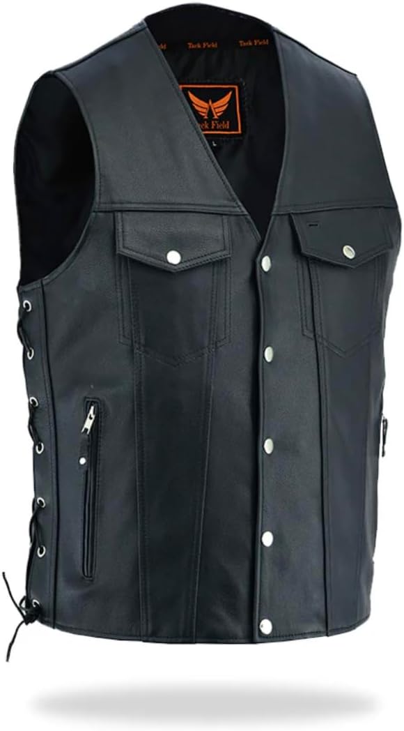 Mens Premium Classic Leather Motorcycle Vest – Heavy Duty V-Neck Biker Club Style Vest