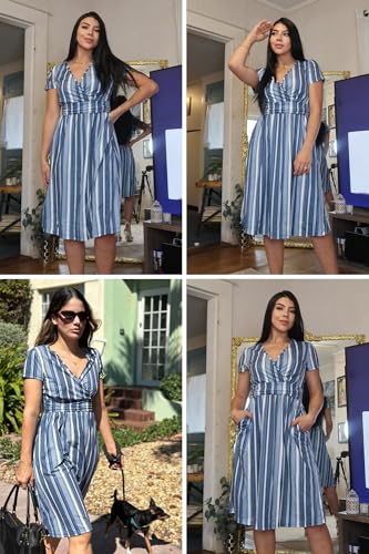 Image of OUGES Casual Summer Dress for Women Wrap V Neck A Line Midi Dresses with Pockets