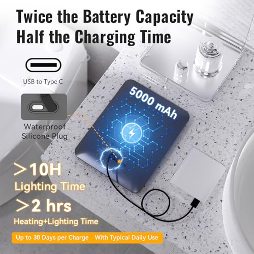 Image of Heated Shower Mirror Fogless for Shaving with 3-Color Dimmable LED Lights, Rechargeable, 360 Degree Adjustable, Drill-Free, All-in-One Storage Tray Holds Shaving Foam, Brush and 2 Razors, Black