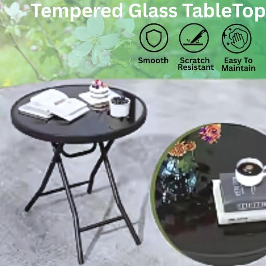 LASALE Folding DiningTable for Kitchen - Round Outdoor Side Table Patio Table with Tempered Glass Tabletop 3