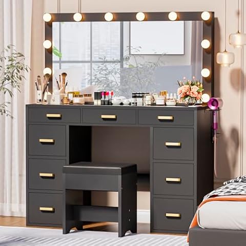 elifine Makeup Vanity Desk with Lighted Mirror, 47" W Glass Top Vanity with Charging Station, 9 Drawers and 3 LED Light Modes, Black Vanity Set with Chair for Bedroom Cover