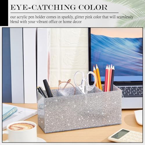 Image of Jetec Acrylic Glitter Pen Holder 4 Compartments Bling Makeup Brush Stationery Organizer Pencil Holder for Desk Accessories Sparkly Gifts for Women Birthday Valentines Desktop Workplace Office(Sliver)
