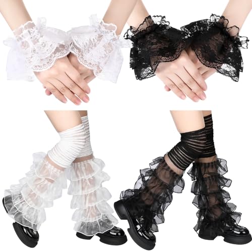 4 Pairs Women Leg Warmers Y2k Lace Leg Warmers Cute Kawaii Lace Gloves Long Ruffle Socks for Wedding Halloween Party