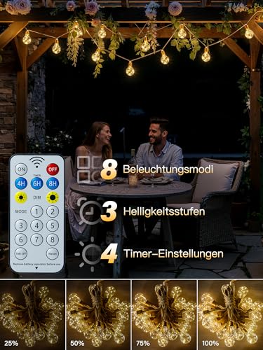 Ollny Solar Lichterkette Aussen 24 Glühbirnen, 12m Lichterketten Außen Wetterfest Warmweiß，mit 8 Modi, Timer & Dimmbar, Solarlichterketten mit Hanfseil für Garten, Party, Balkon, Hof, Hochzeit