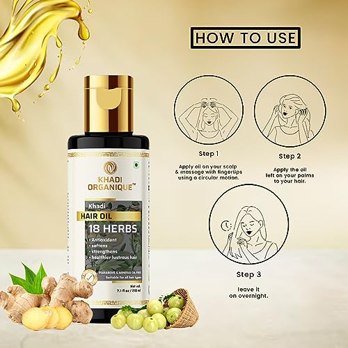 Image of Khadi Organique 18 Herbs Herbal Hair Oil to Repair Dry Scalp | Softens Hair, Prevents Dandruff & Hair Growth | Natural & Non-Sticky Formula | Paraben & Sulphate Free Formula for Women & Men - 210ml