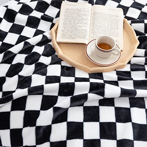LOMAO Throw Blankets Flannel Blanket with Checkerboard Grid Pattern Soft Throw Blanket for Couch, Bed, Sofa Luxurious Warm and Cozy for All Seasons (Black, 90"x90")