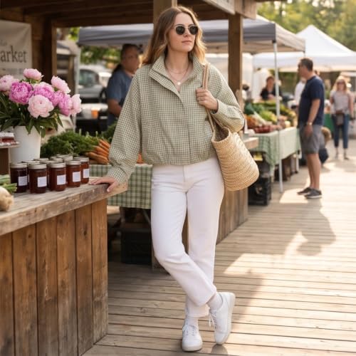 Plaid Bomber Jacket Women Oversized Cropped Funnel Neck Gingham Jacket - image 7