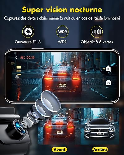 GKU 4K/2.5K Dashcam Voiture Avant Arrière,WiFi Caméra Embarquée Voiture avec Carte SD 64G,Camera Voiture Grand Angle 170°,Vision Nocturne,WDR,G-Capteur,Mode Stationnement 24H,Enregistrement en Boucle