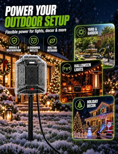 25FT Outdoor Power Stake with Weatherproof Full-Cover Design | 6 grounded outlets, 14AWG cord, overload protection, stake mount & night light for outdoor power access - image 9