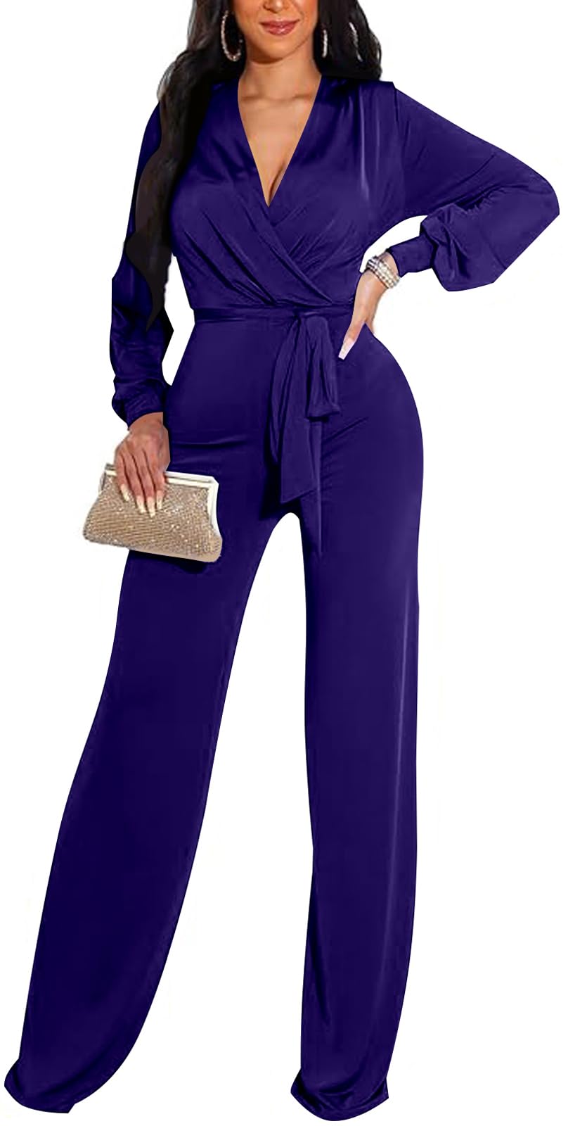 shengfan Formal Jumpsuits for Women Dressy Evening Sexy Deep V Neck Plus Size Long Wide Leg Pants Rompers Clubwear